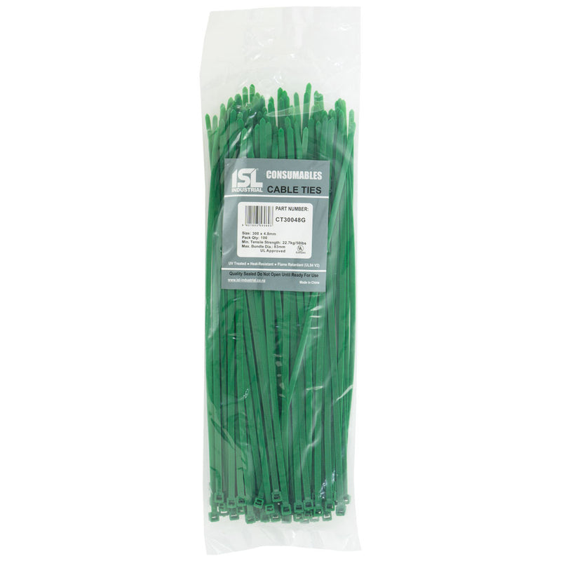 Isl 300 x 4.8mm Nylon Cable Tie - Green - 100Pk