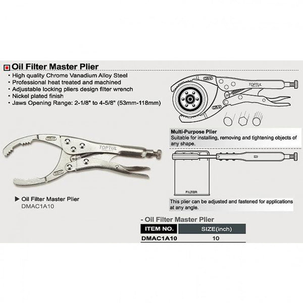 Locking Plier Oil Filter 10" Jaw Opening: 53 - 118mm Toptul DMAC1A10