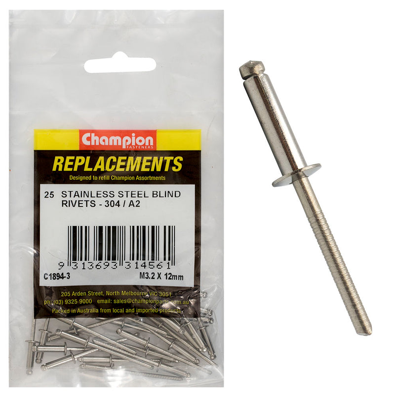 Champion 3.2mm x 12mm Blind Rivet -304/A2 -25Pk