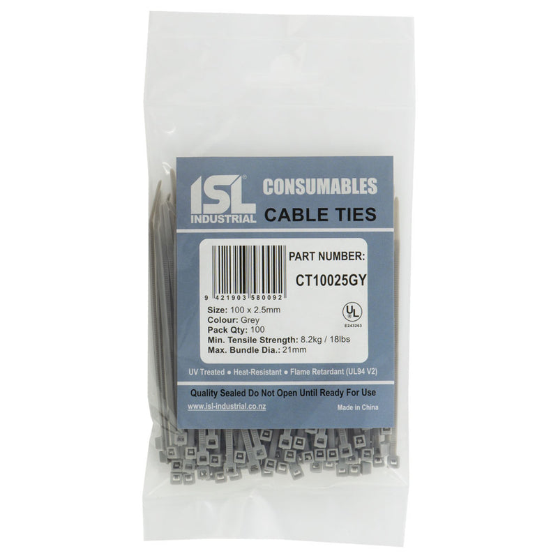 Isl 100 x 2.5mm Nylon Cable Tie - Grey - 100Pk