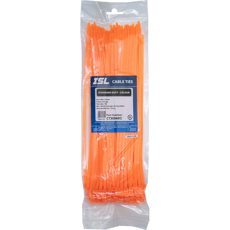 Isl 300 x 4.8mm Nylon Cable Tie - Orange - 100 Pack