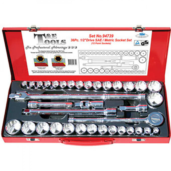 T&E Tools 1/2" Drive 10-32+3/8"-1.1/4"" 12Pt Standard Socket Set