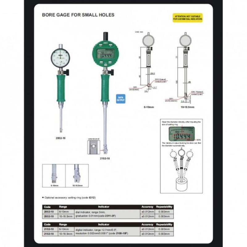 Dial Bore Gauge 10-18.5mm x  0.01mm Insize 2852-18