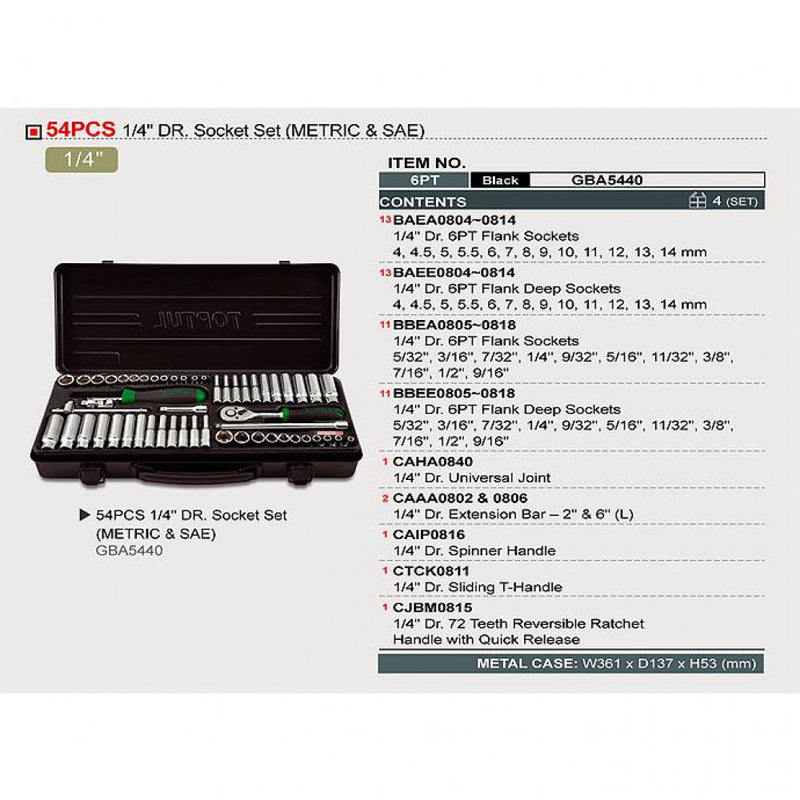 Socket Set 1/4"Dr 54Pce 4-14mm & 5/32"-9/16" Short & Long Toptul GBA5440