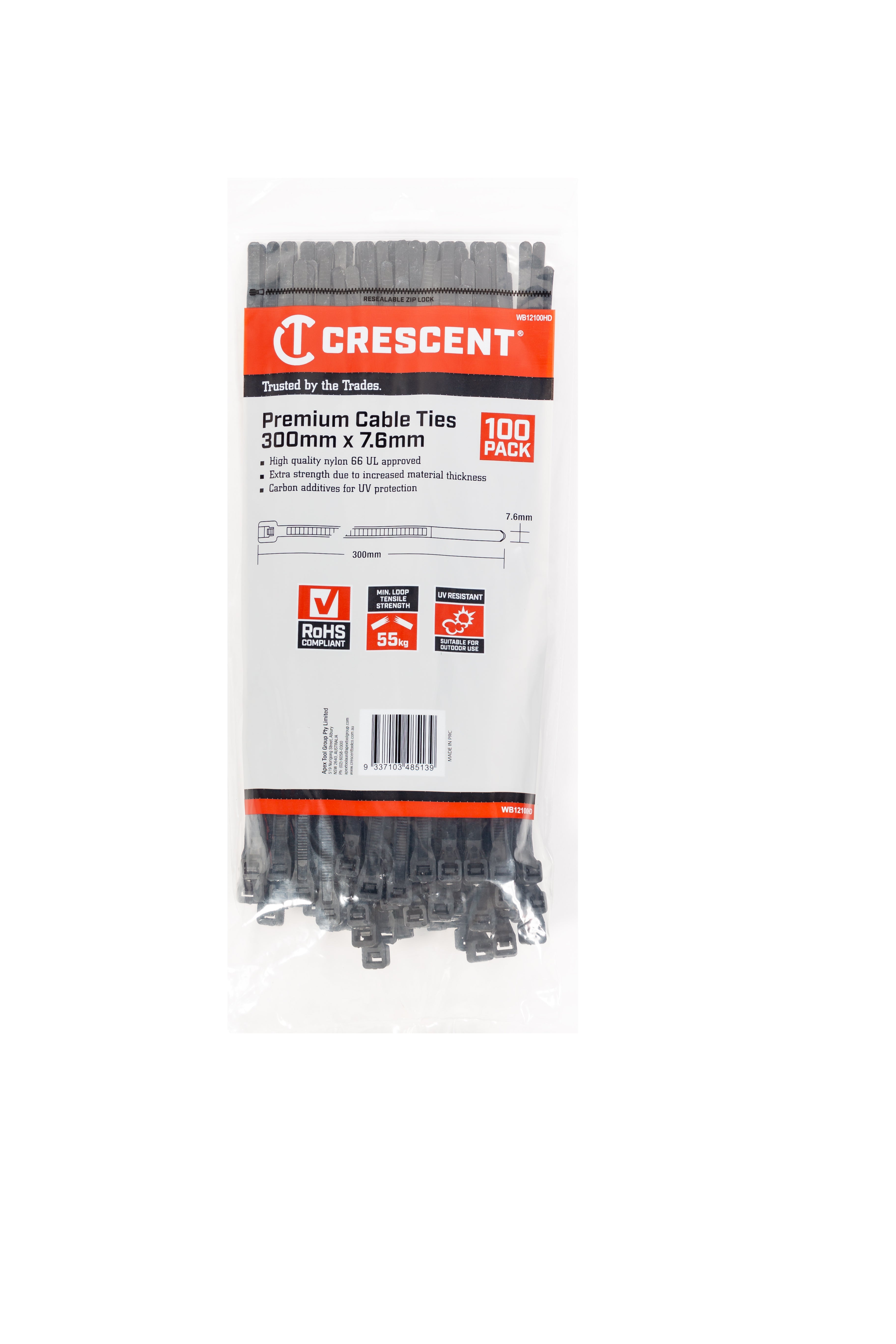 Crescent Cable Ties 300mm x 7.6mm Black Heavy Duty 100Pk