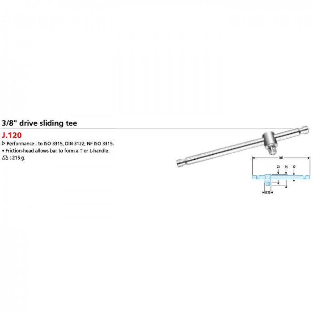 Sliding Tee Handle 3/8dr x 200 Facom J.120A