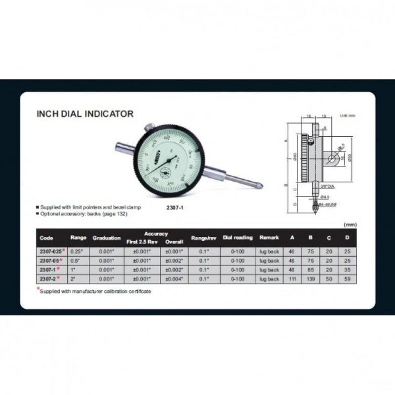 Insize Dial Indicator 1"Travel Lug Back