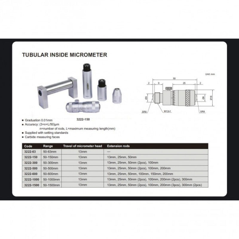Inside Tubular Micrometer 50-300mm x 0.01mm C/w 5 x Ext Rods Insize 3222-300