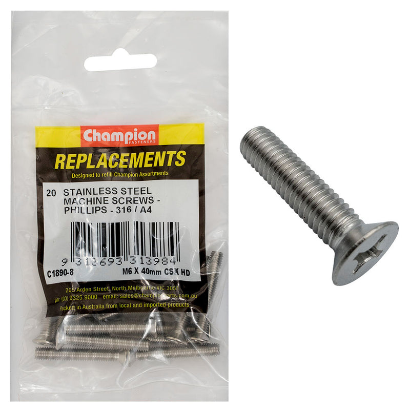 Champion M6 x 40mm Machine Screw -Csk -Ph -316/A4