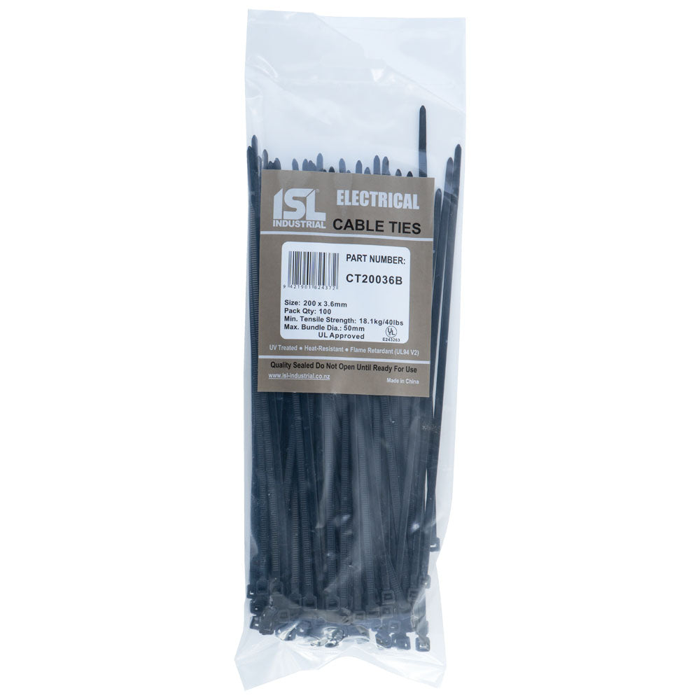 Isl 200 x 3.6mm Uv Nylon Cable Tie - Blk. - 100Pk