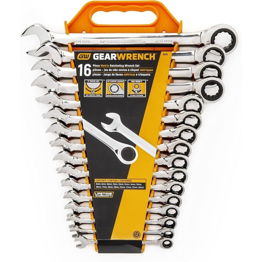 GEARWRENCH 16Pc Metric & 13PC SAE Combo Ratcheting Wrench Twin Pack 9416 & 9312