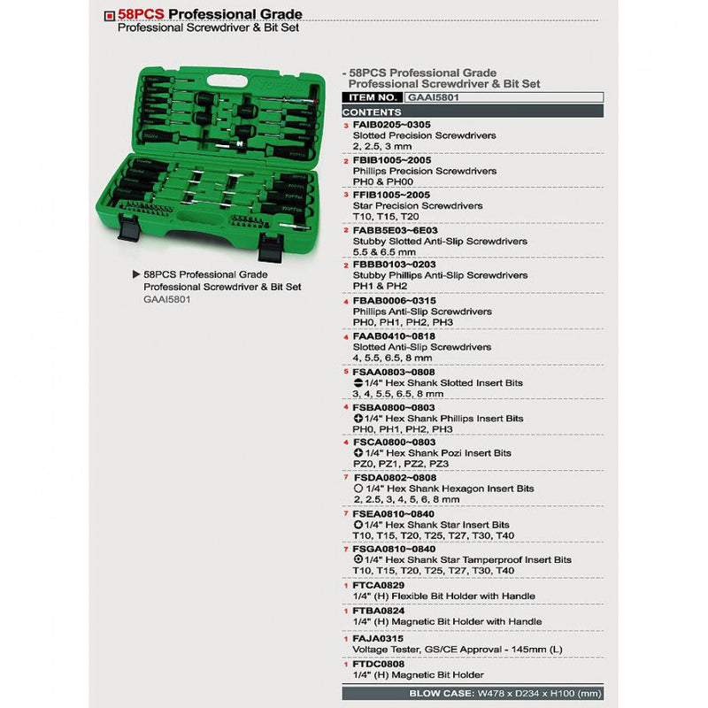 Screwdriver & Bit Set 58pce Toptul GAAI5801