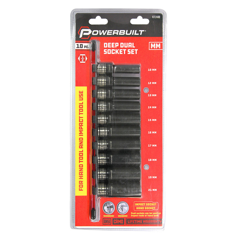 Powerbuilt 1/2Dr 10Pc Metric Dual Deep Impact Socket Set