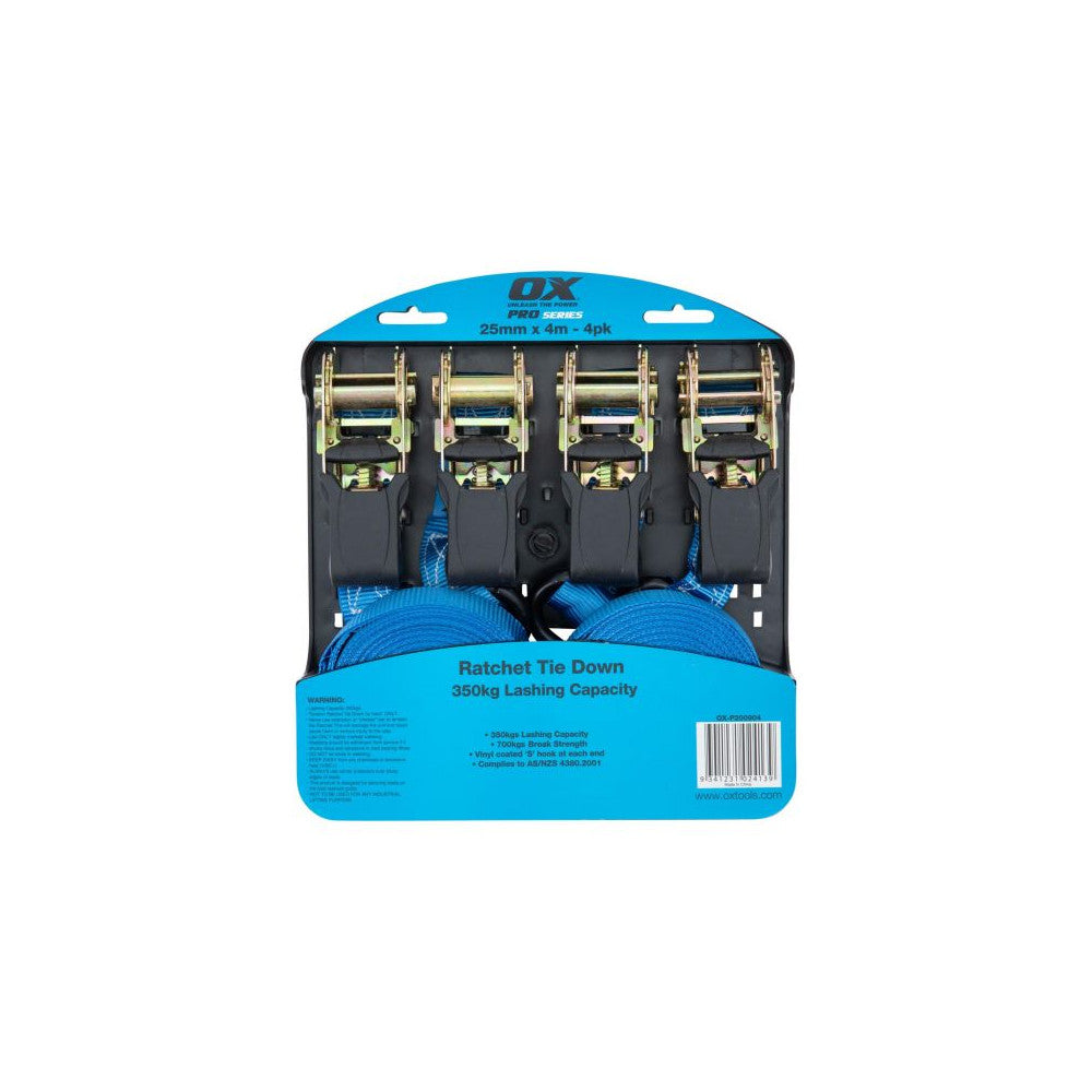 OX Professional 25mm x 4M Ratchet Tie Down Strap - 4pk