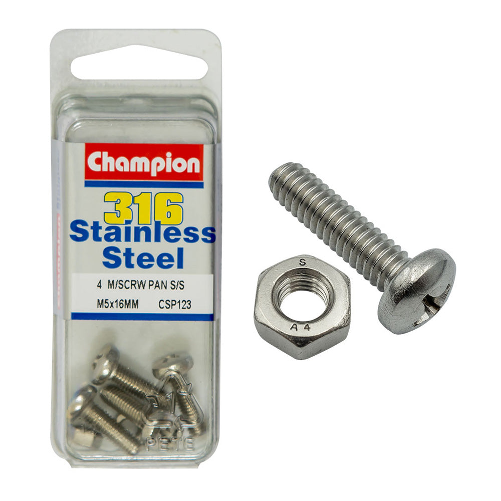 Champion Machine Screws Pan Phillips Ss M5 x 16mm (8 Pack)