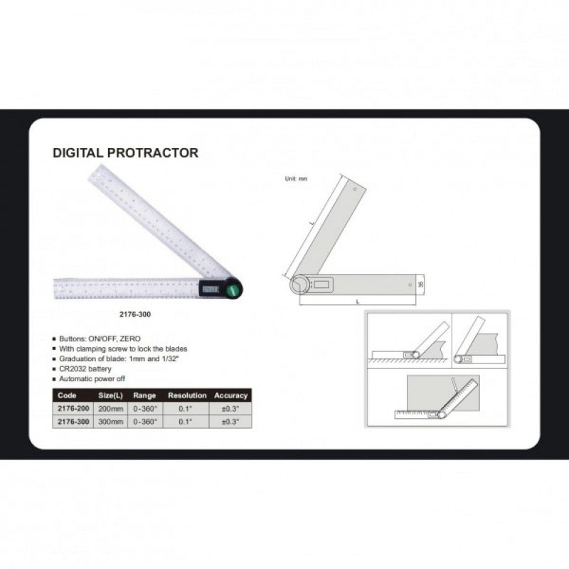 Digital Protractor 0-360 Deg 200mm Blade Insize 2176-200