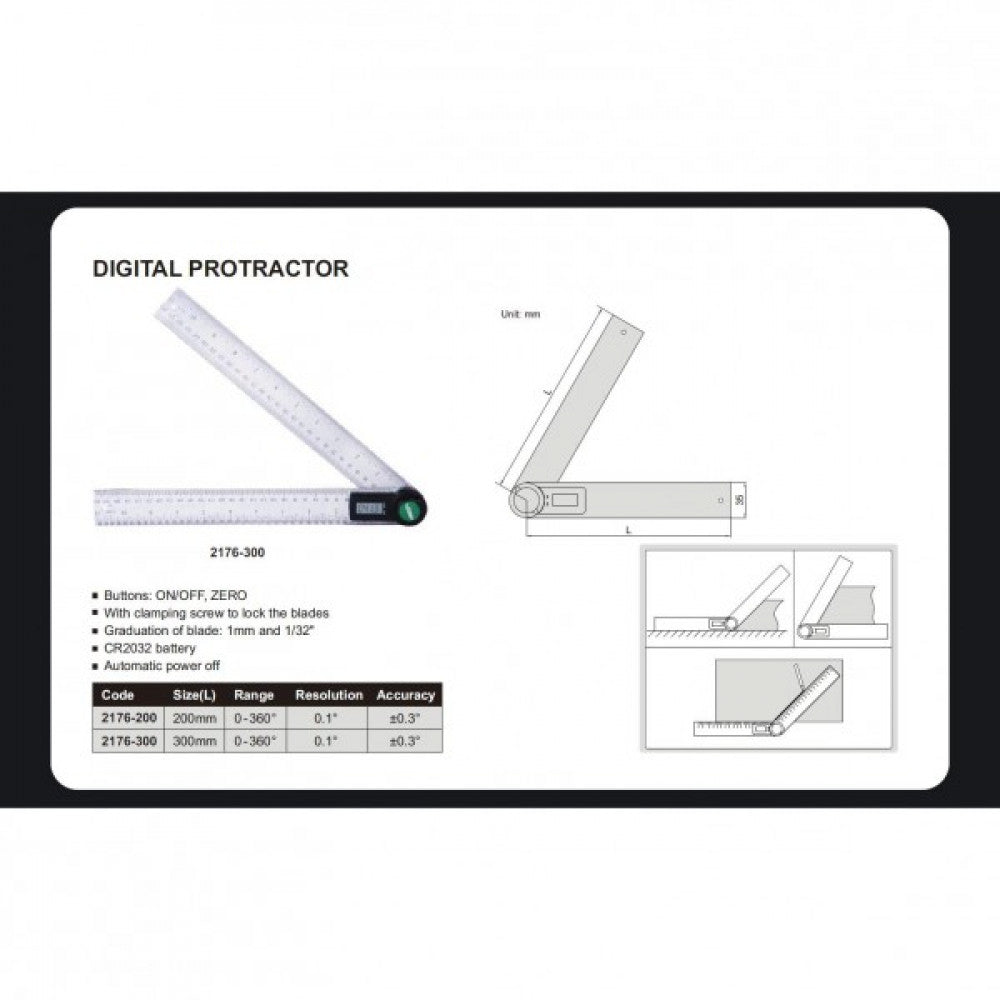 Digital Protractor 0-360 Deg 200mm Blade Insize 2176-200