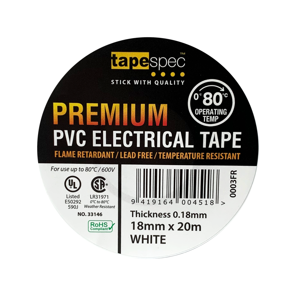 0003FR White Premium PVC Electrical Tape 18mmx20m - MOQ - 10 Pack