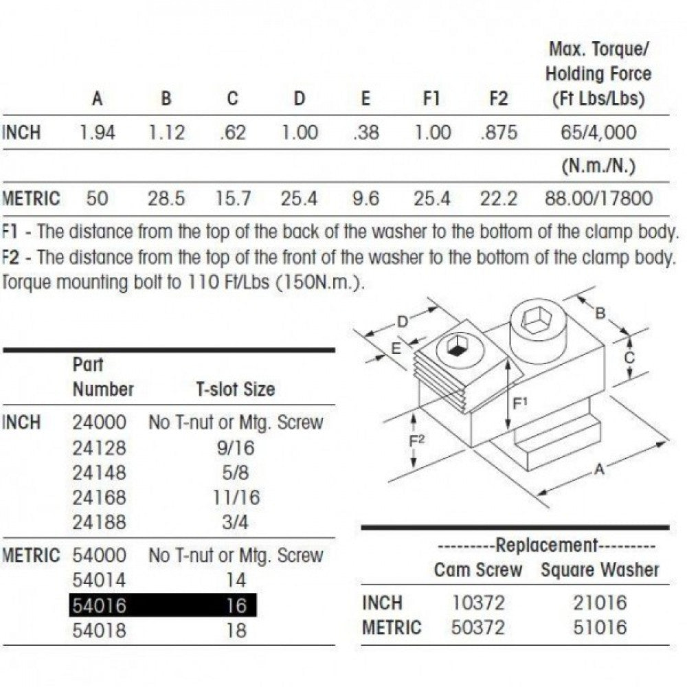 54016 T-Slot Toe Clamp Mitee-Bite To Fit 16mm T-Slot