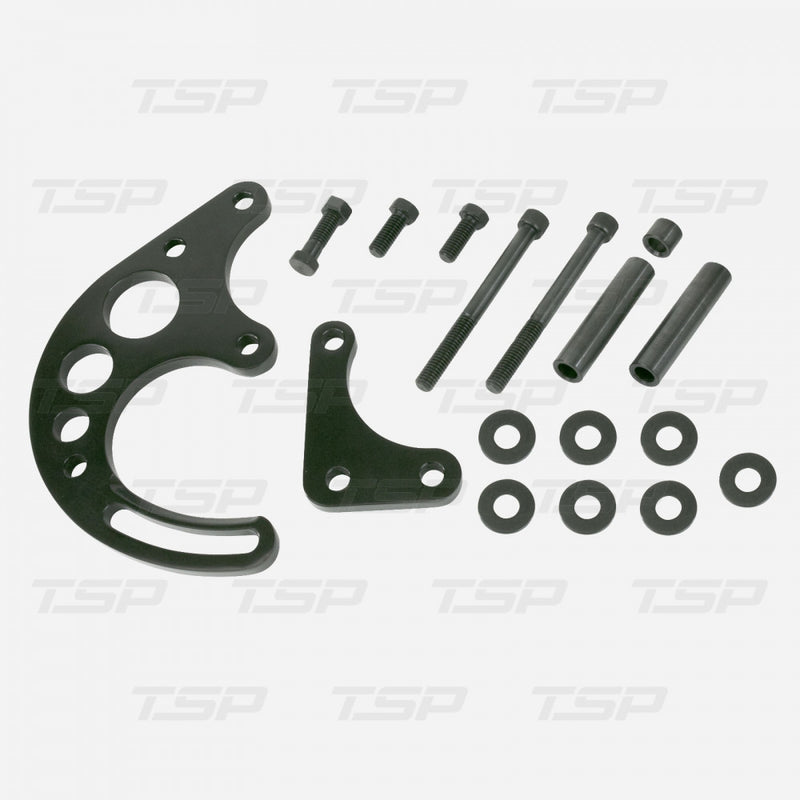 TSP CHEVY SMALL BLOCK LONG WATER PUMP 2-PIECE BLACK POWER STEERING BRACKET