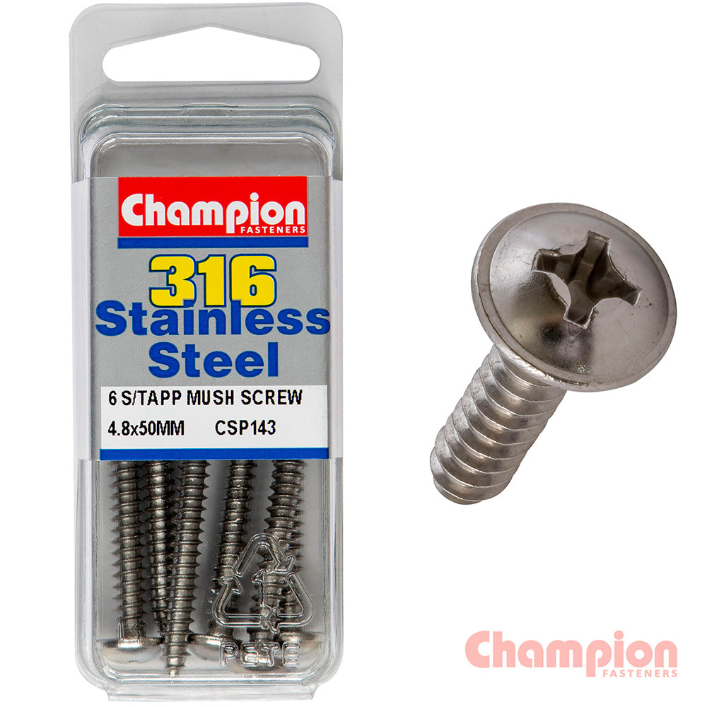 Champion S/Tapping Screws - Mushroom Head - 4.8 x 50mm (6 Pack)