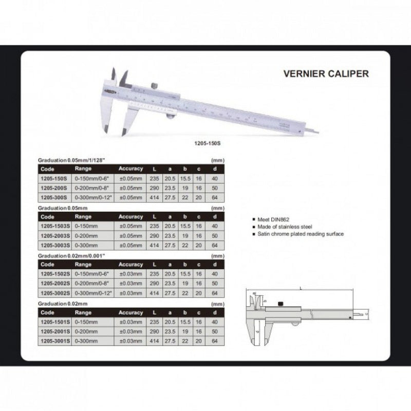 Vernier Caliper 200mm/8" 0.02mm/.001" Insize 1205-2002S