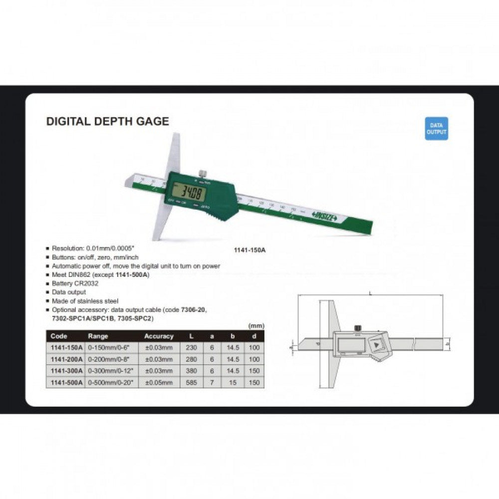 Insize 0-200mm/8" Digital Depth Gauge