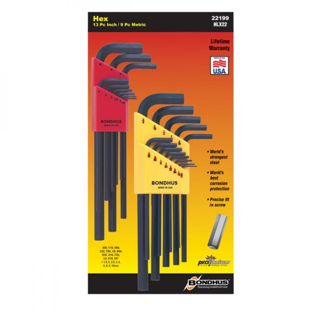 .050-3/8" + 1.5-10mm Bondhus 22Pc Hex L-Wrench Set