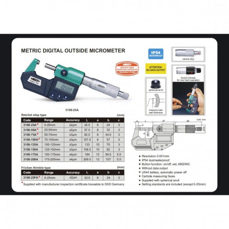 Outside Micrometer Digital 0-25mm/ 0-1" x .001 mm/0.00005" IP54 Insize 3108-25A