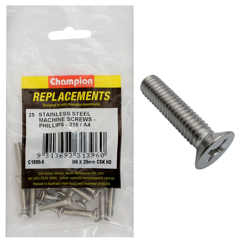 Champion M6 x 25mm Machine Screw -Csk -Ph -316/A4