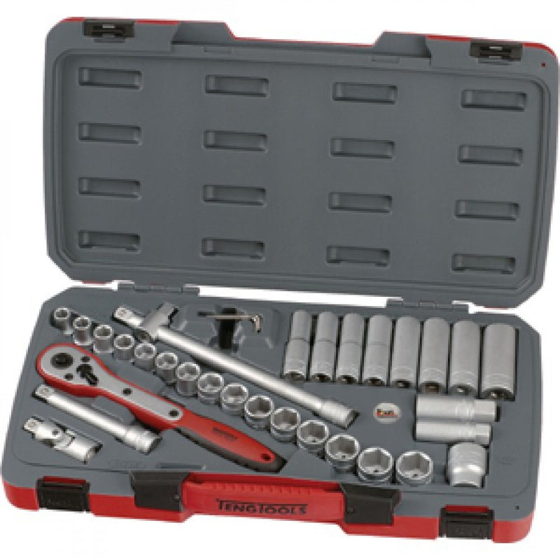 Teng 34Pc 1/2in Dr. Metric Reg/Deep Socket Set 6Pn