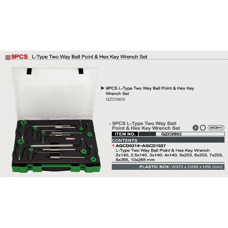 TI Ball Point & Hex End Key Kit L Type 9Pc 2-10mm In Plastic Tray Toptul GZC0903