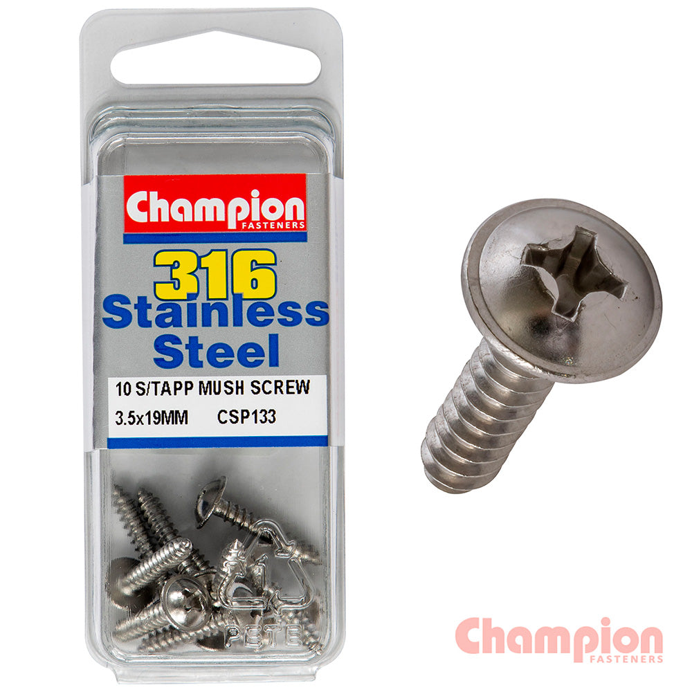 Champion S/Tapping Screws - Mushroom Head - 3.5 x 19mm (10 Pack)