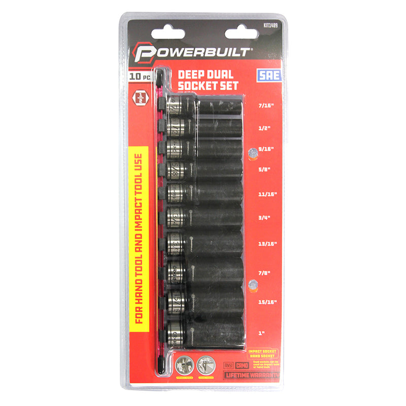 Powerbuilt 1/2Dr 10Pc Imperial Dual Deep Impact Socket Set