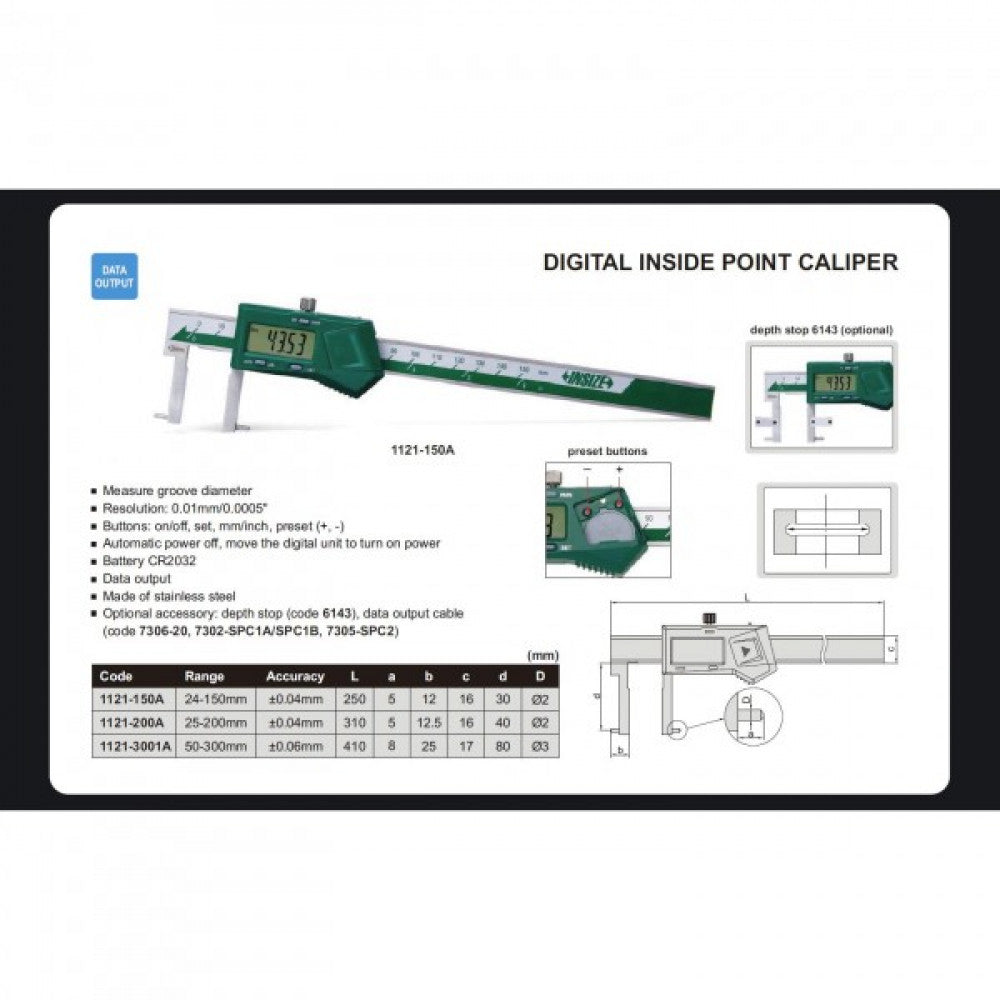 Digital Inside Point Caliper 25-200mm/1-8" 0.01mm/ 0.0005" Insize 1121-200A