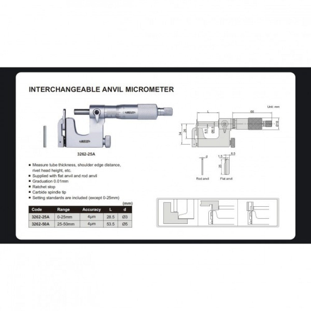 Uni Micrometer 0-25mm x 0.01mm C/w Flat And Rod Anvils Insize 3262-25A