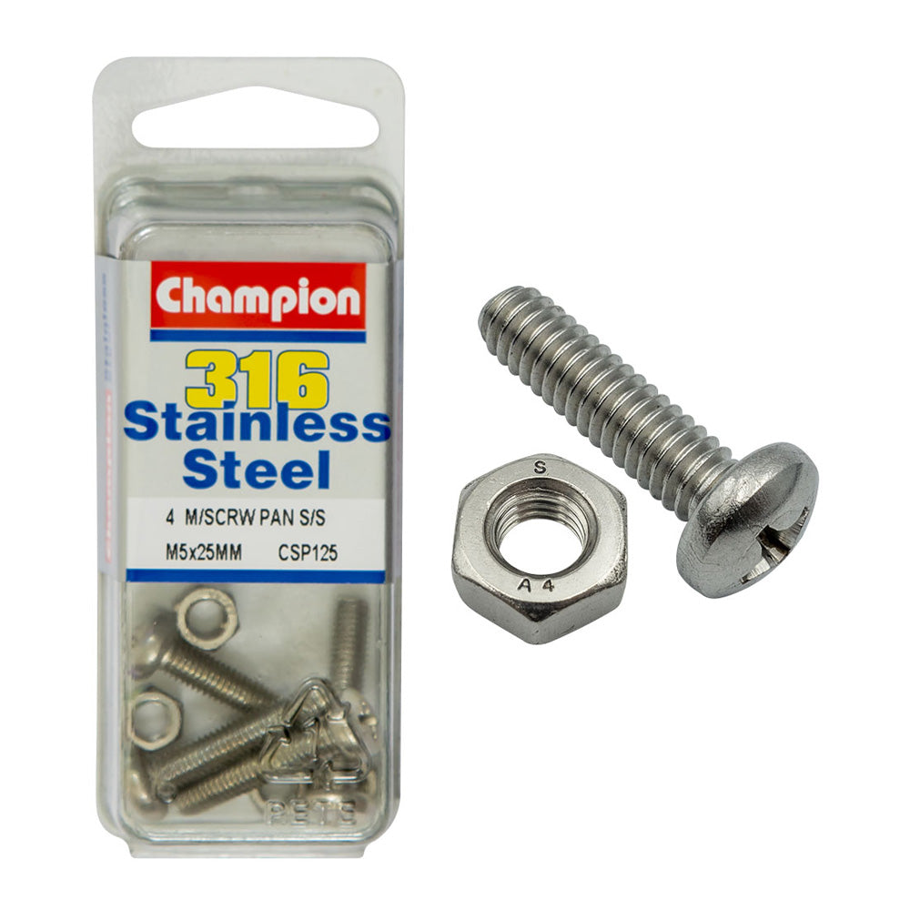 Champion Machine Screws Pan Phillips Ss M5 x 25mm (8 Pack)
