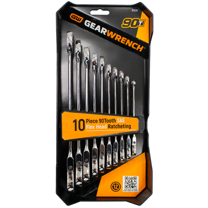 10 Pc 90T 12 Point SAE Flex-Head Combination Ratcheting Wrench Set - 87026