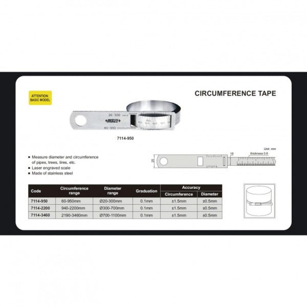 Diameter Tape 300-700mm x 0.1mm Circumfrence 940-2200mm Insize 7114
