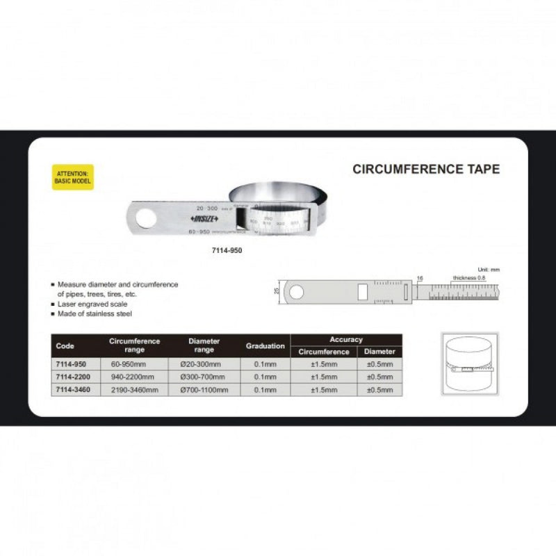 Diameter Tape 20-300mm x 0.1mm Circumfrence 60-950mm S/Steel Insize 7114-950