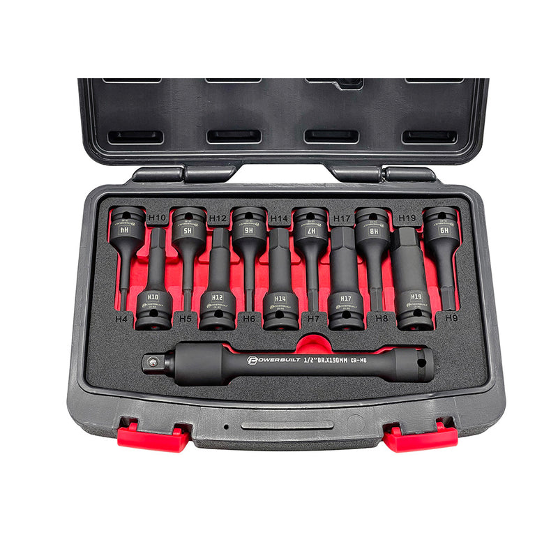 Powerbuilt 1/2" Dr 12pc Impact Long Hex Bit Socket Set