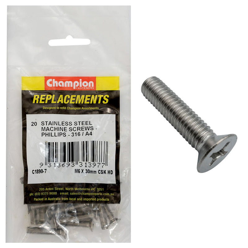 Champion M6 x 30mm Machine Screw -Csk -Ph -316/A4