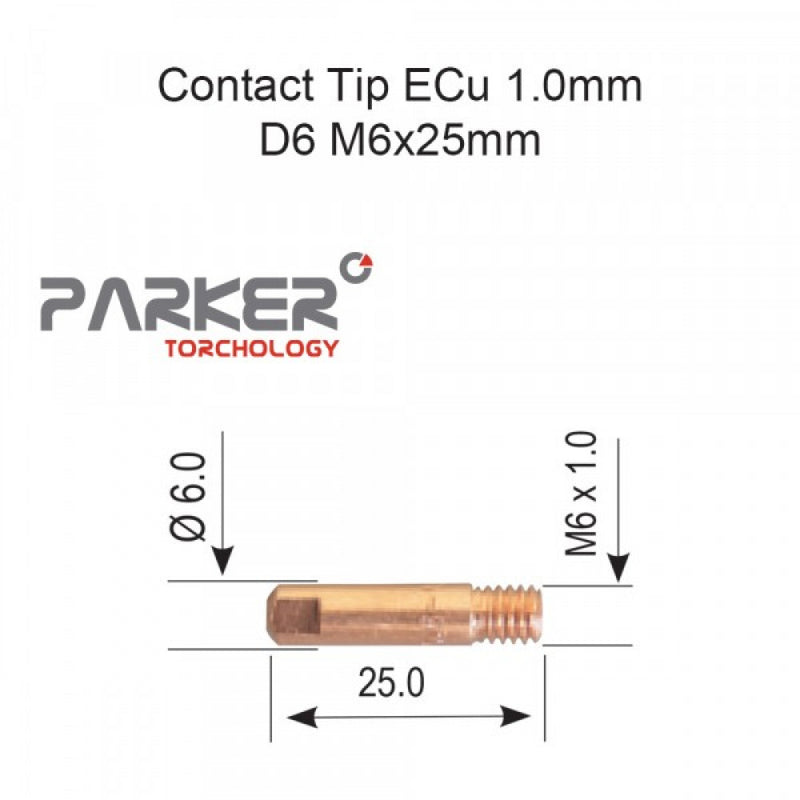 Contact Tip ECu 1.0mm D6 M6x25mm Pack Of 10