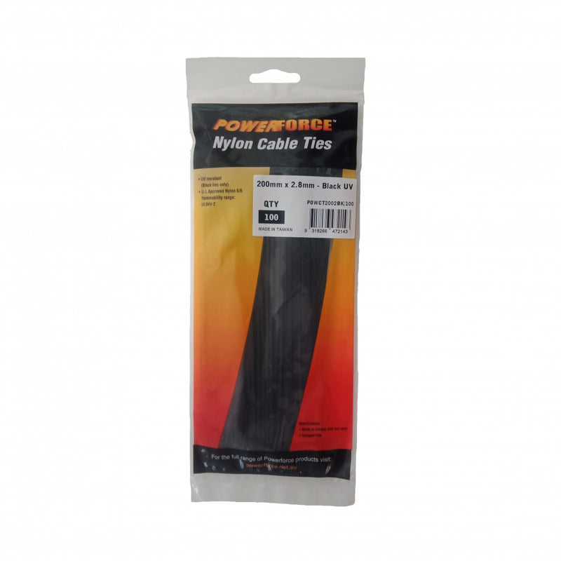 Cable Tie Black 200mm x 7.6mm Nylon UV 100pk