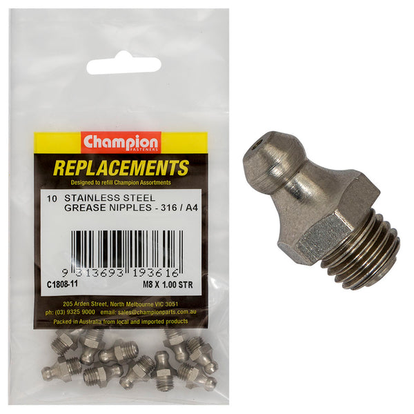Champion Grease Nipple Stainless M8 x 1.00 Str 316