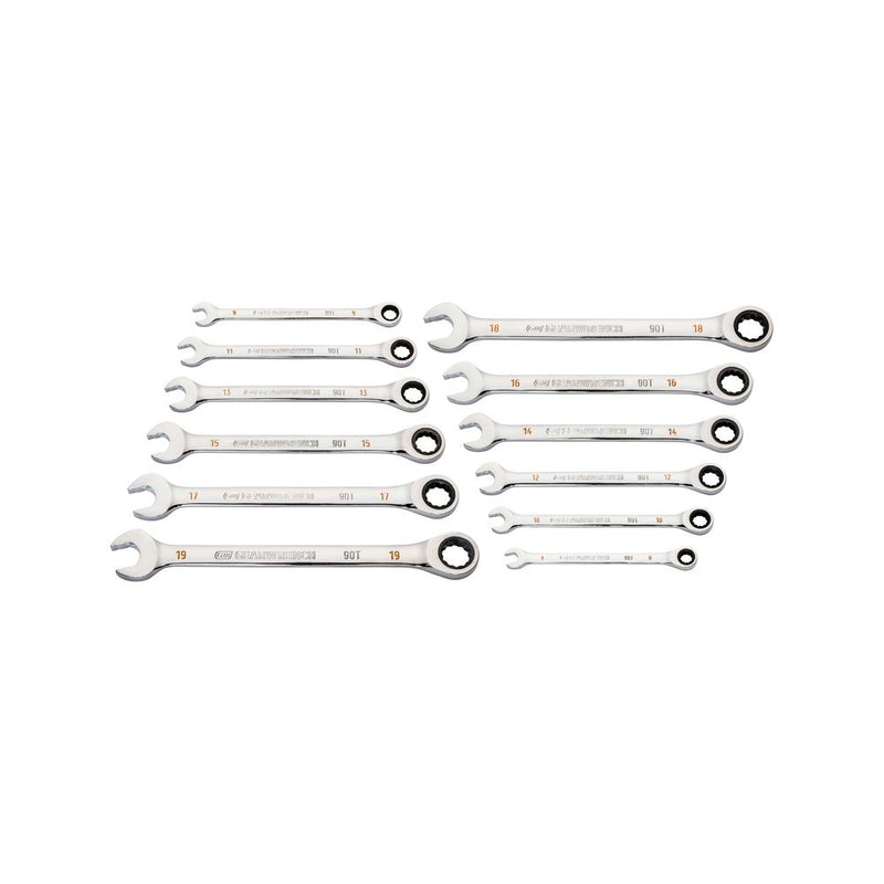 12 Piece 12 Point Metric 90T Combination Ratcheting Wrench Set