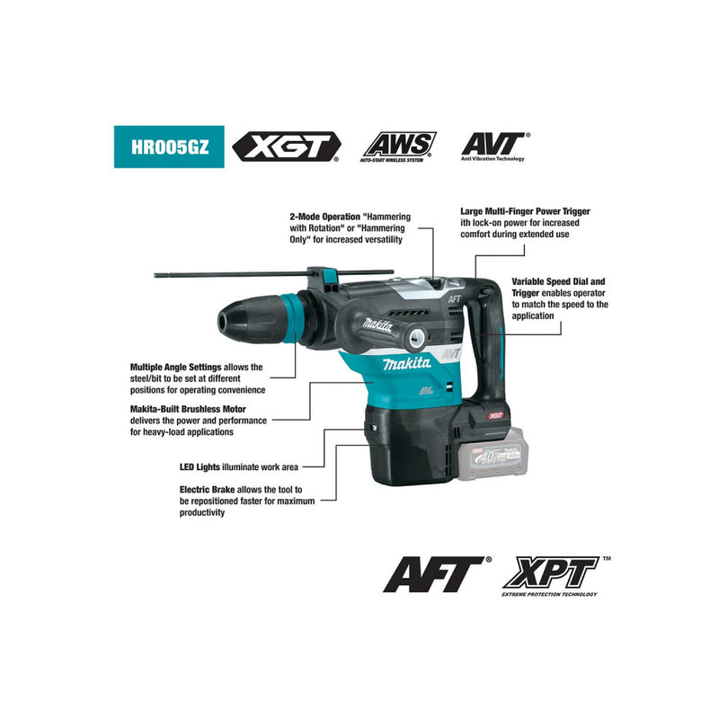 MAKITA 40Vmax XGT Brushless AWS 40mm Rotary Hammer - SDS-Max - KIT