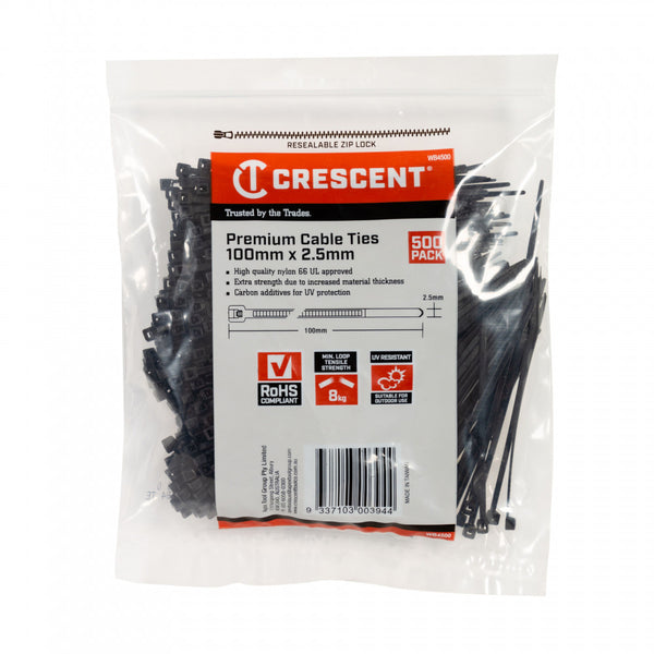 Crescent Cable Ties Black 100mm x 2.5mm 500PK