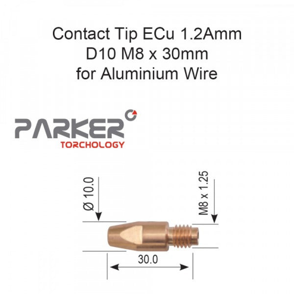 Contact Tip ECu 1.2Amm D10 M8 x 28mm (Alum) Pkt 10