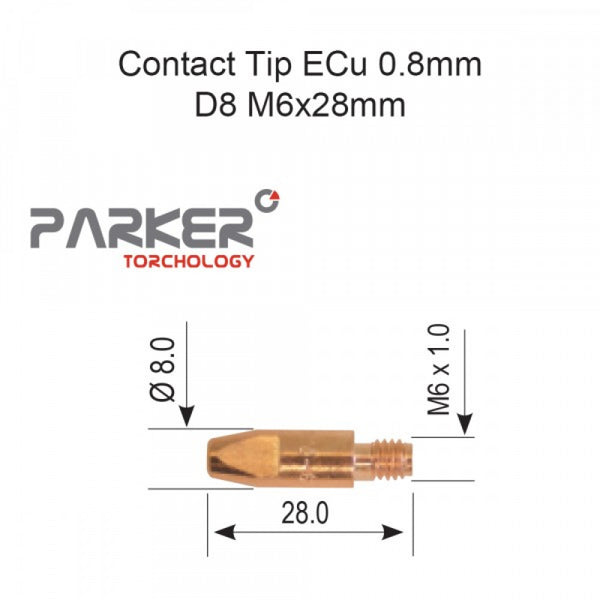 Contact Tip ECu 0.8mm D8 M6 x 28mm Pack Of 10